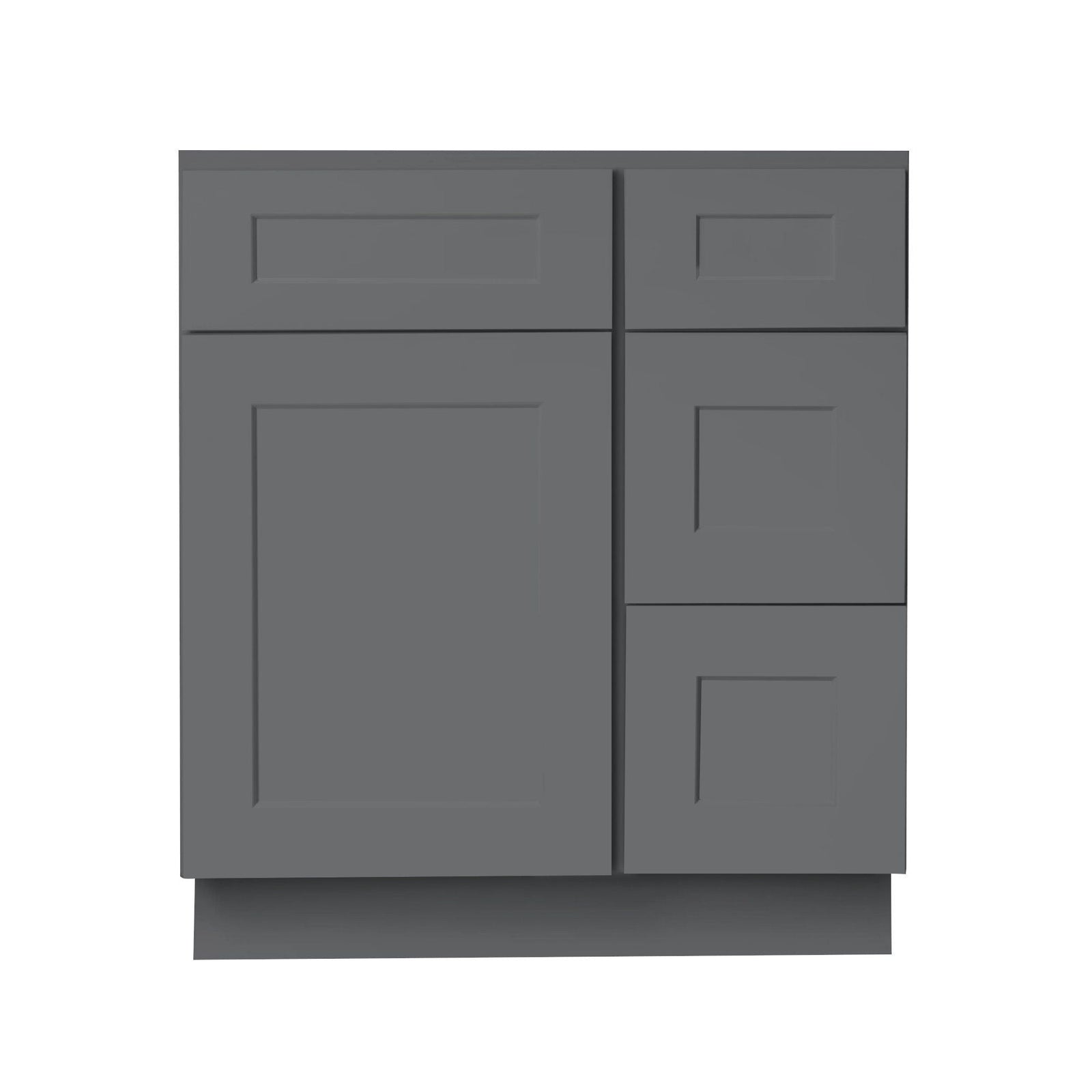 Mueble de baño gris Shaker de 30 pulgadas con lavabo individual y cajones a la derecha