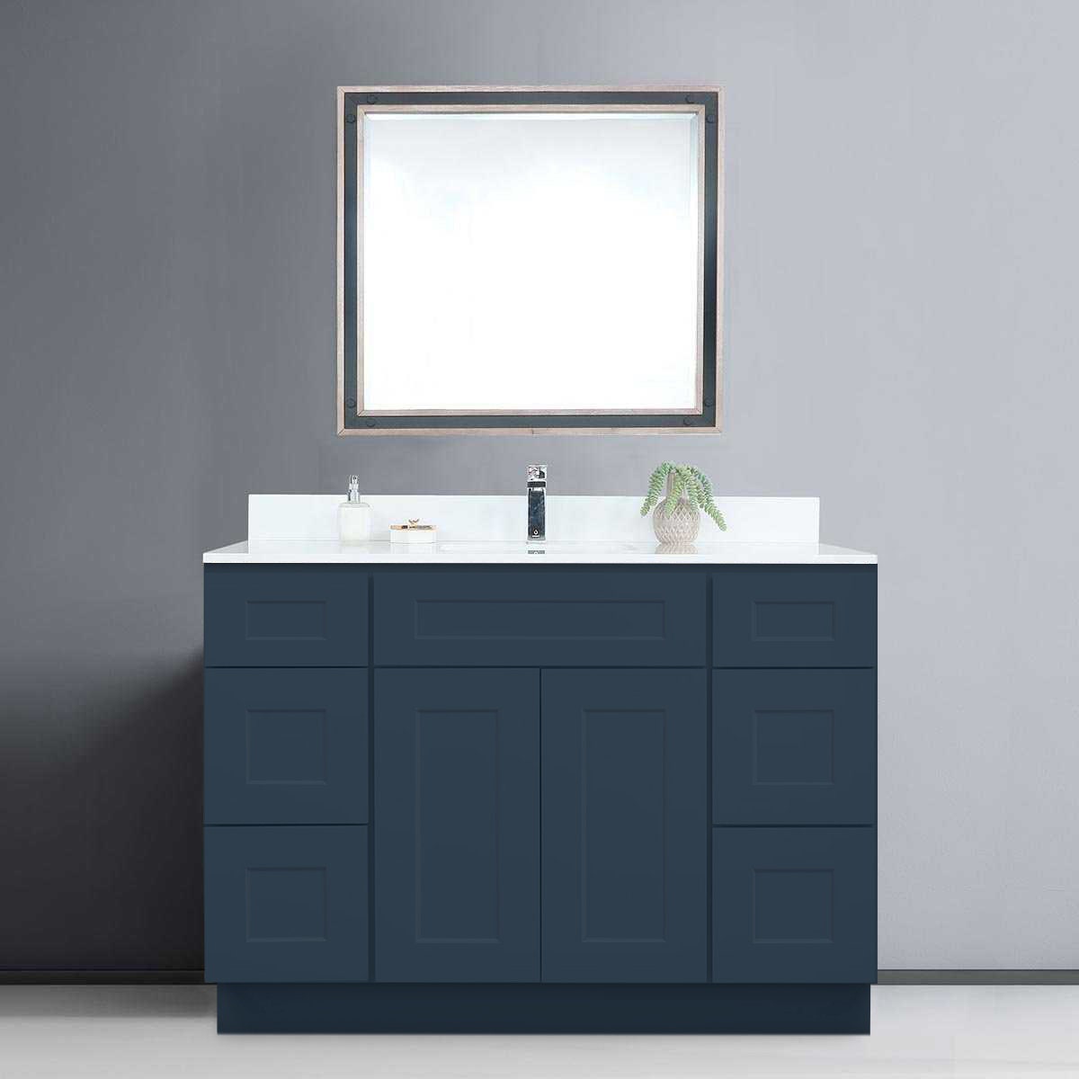 Mueble de baño con un solo lavabo y cajones de color azul marino de 48 pulgadas