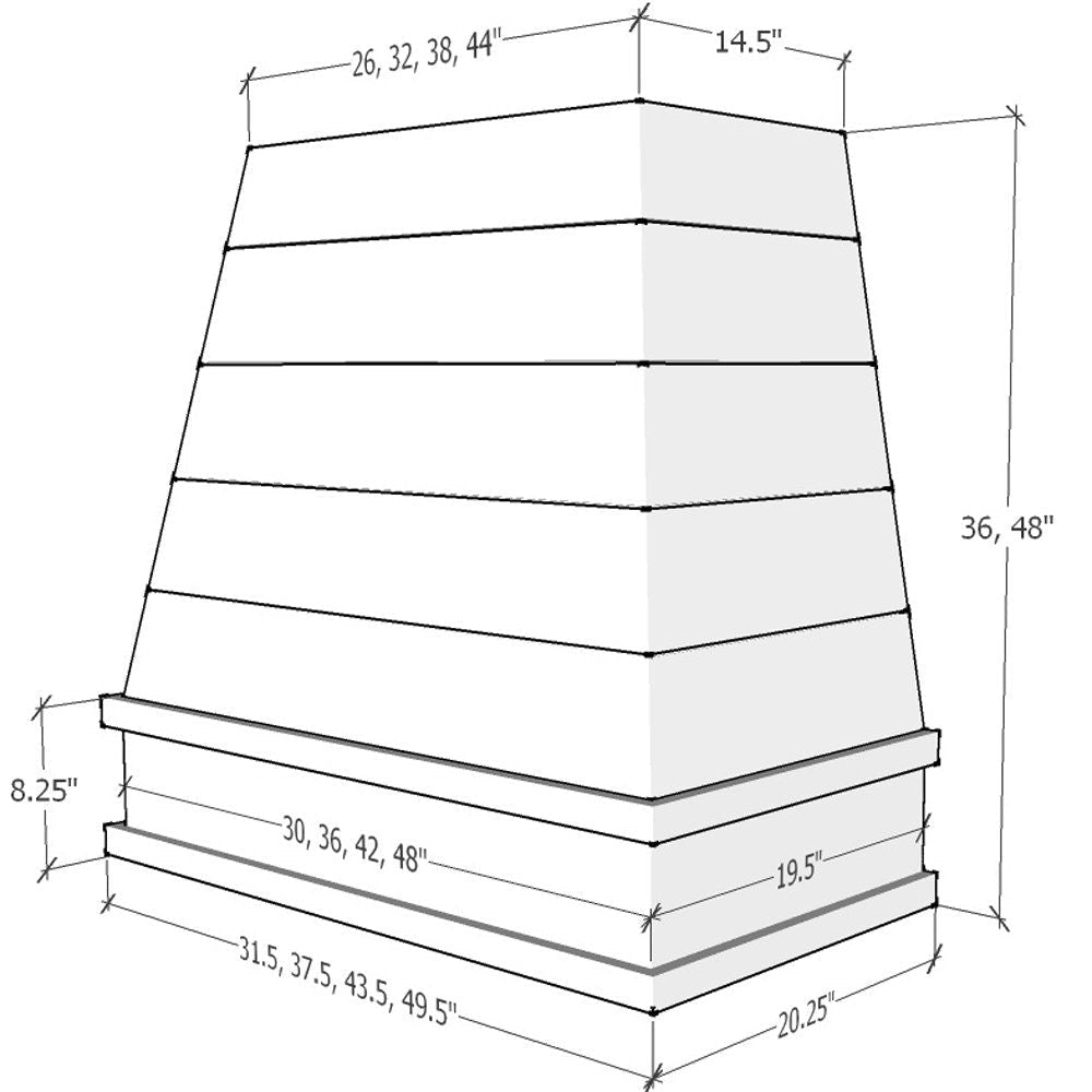 Primed Wood Range Hood With Tapered Shiplap Front and Block Trim - 30", 36", 42", 48", 54" and 60" Widths Available