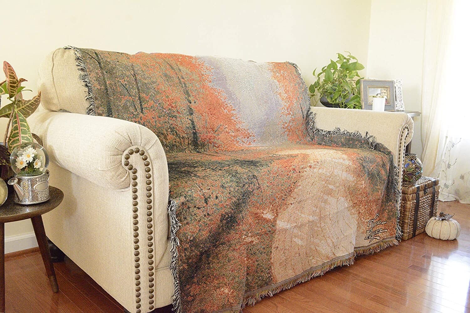Autumn Authentic Tapestry Throw Blanket - Decorative Orange Fall Leaves Forest Woven Stitched Design - 50