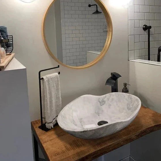 Lavabo de baño con diseño ondulado de mármol blanco de Carrara (largo) 24" (ancho) 14" (alto) 6"