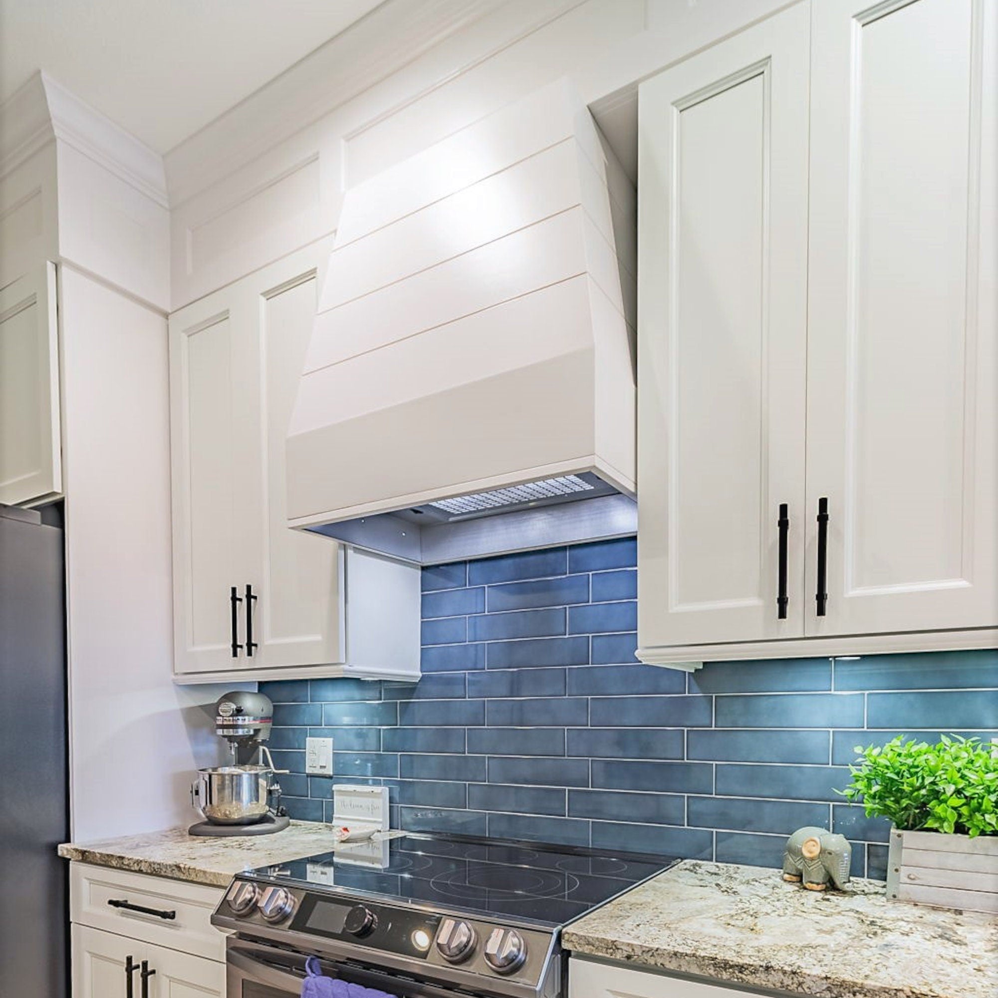 White Wood Range Hood With Tapered Strapped Front and Block Trim - 30", 36", 42", 48", 54" and 60" Widths Available