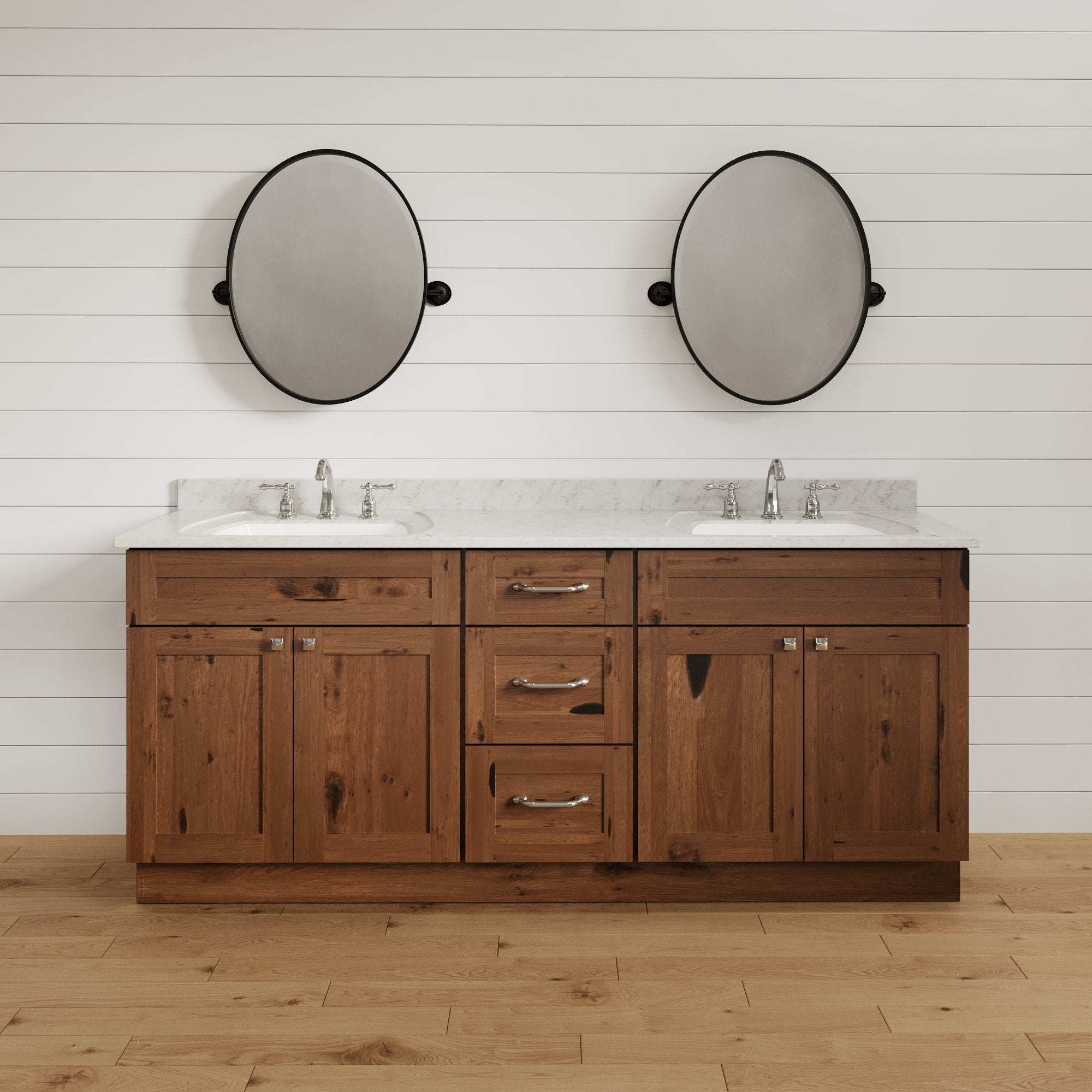 Mueble de baño rústico de 72 pulgadas con dos lavabos y cajones