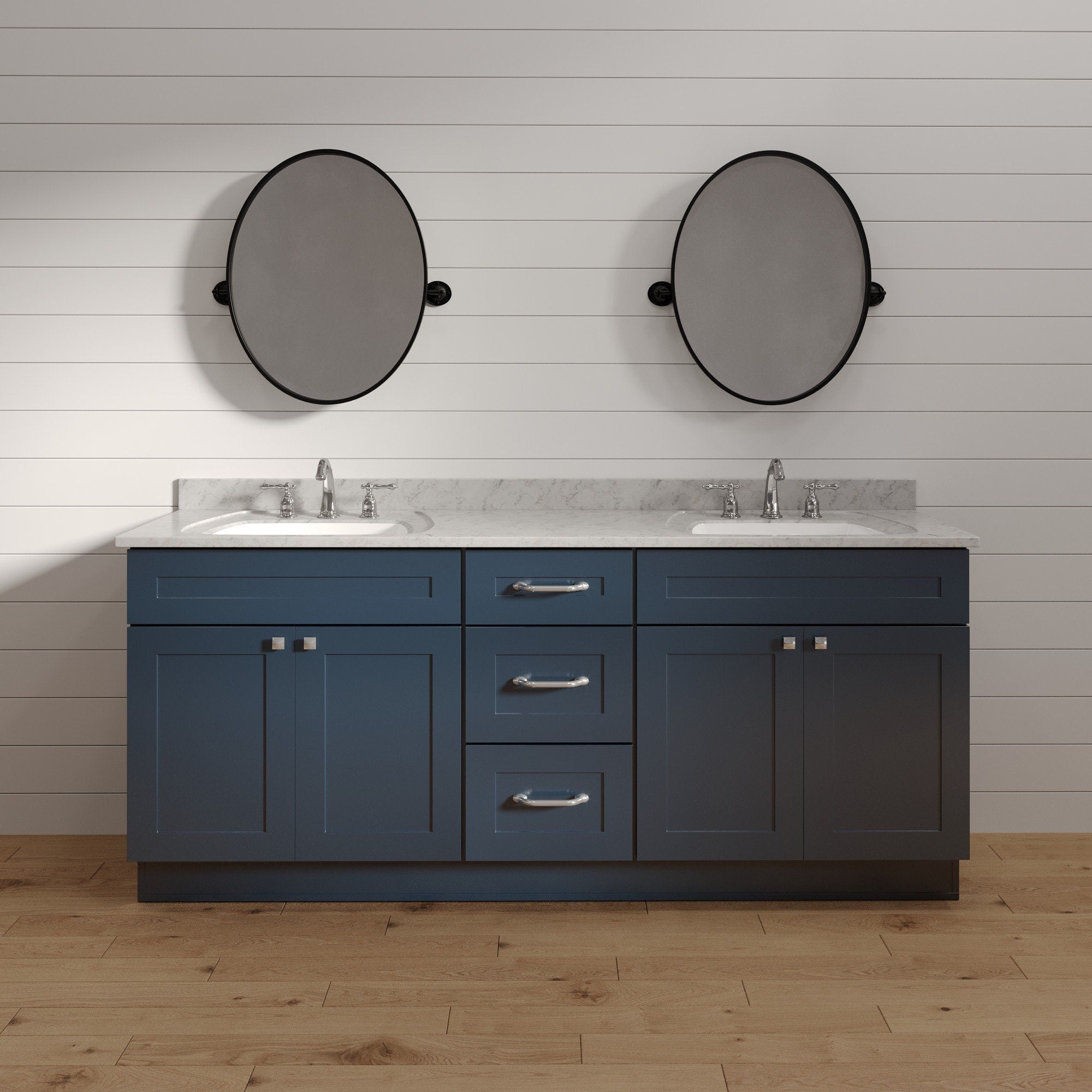 Mueble de baño con dos lavabos y cajones de color azul marino de 72 pulgadas