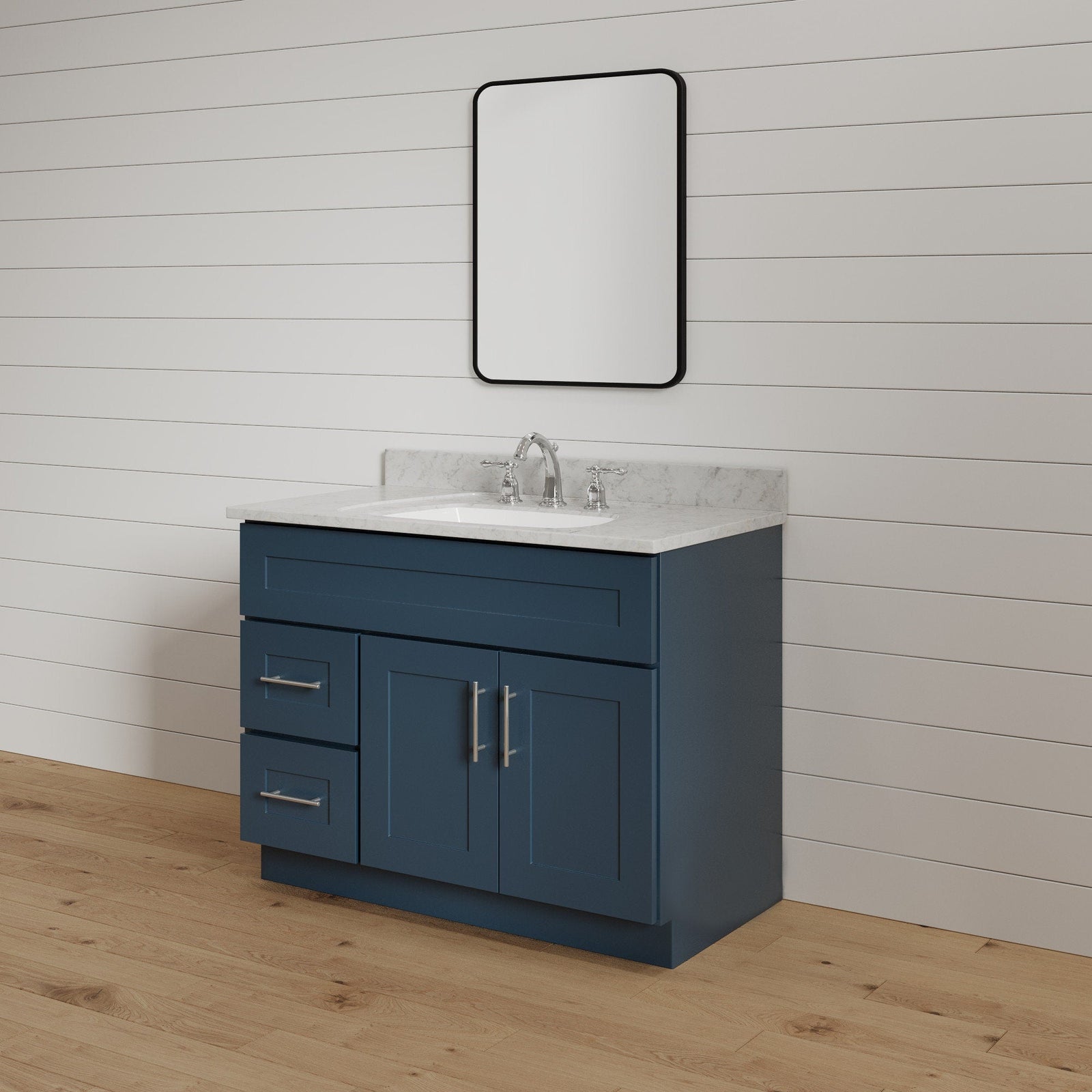Mueble de baño de 36 pulgadas con lavabo individual en color azul marino y cajones a la izquierda