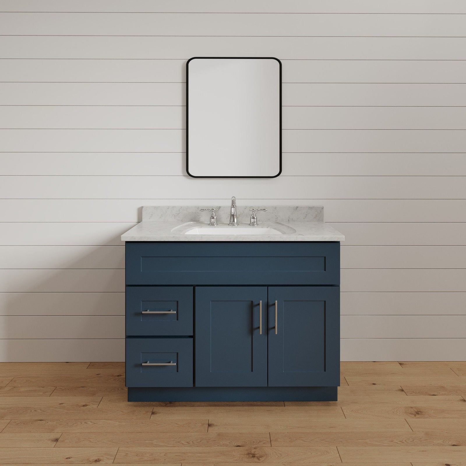 Mueble de baño de 36 pulgadas con lavabo individual en color azul marino y cajones a la izquierda