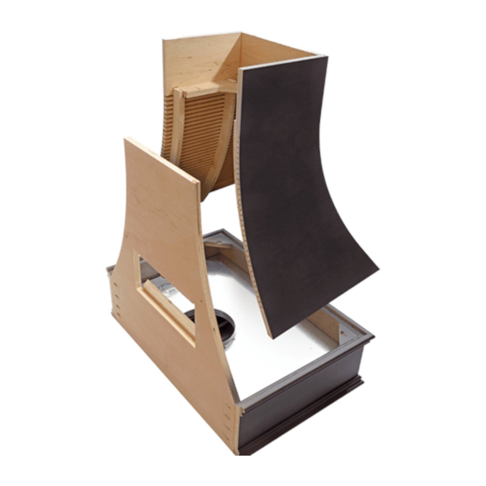 Campana extractora de madera negra con frente en ángulo y borde decorativo: anchos disponibles de 30