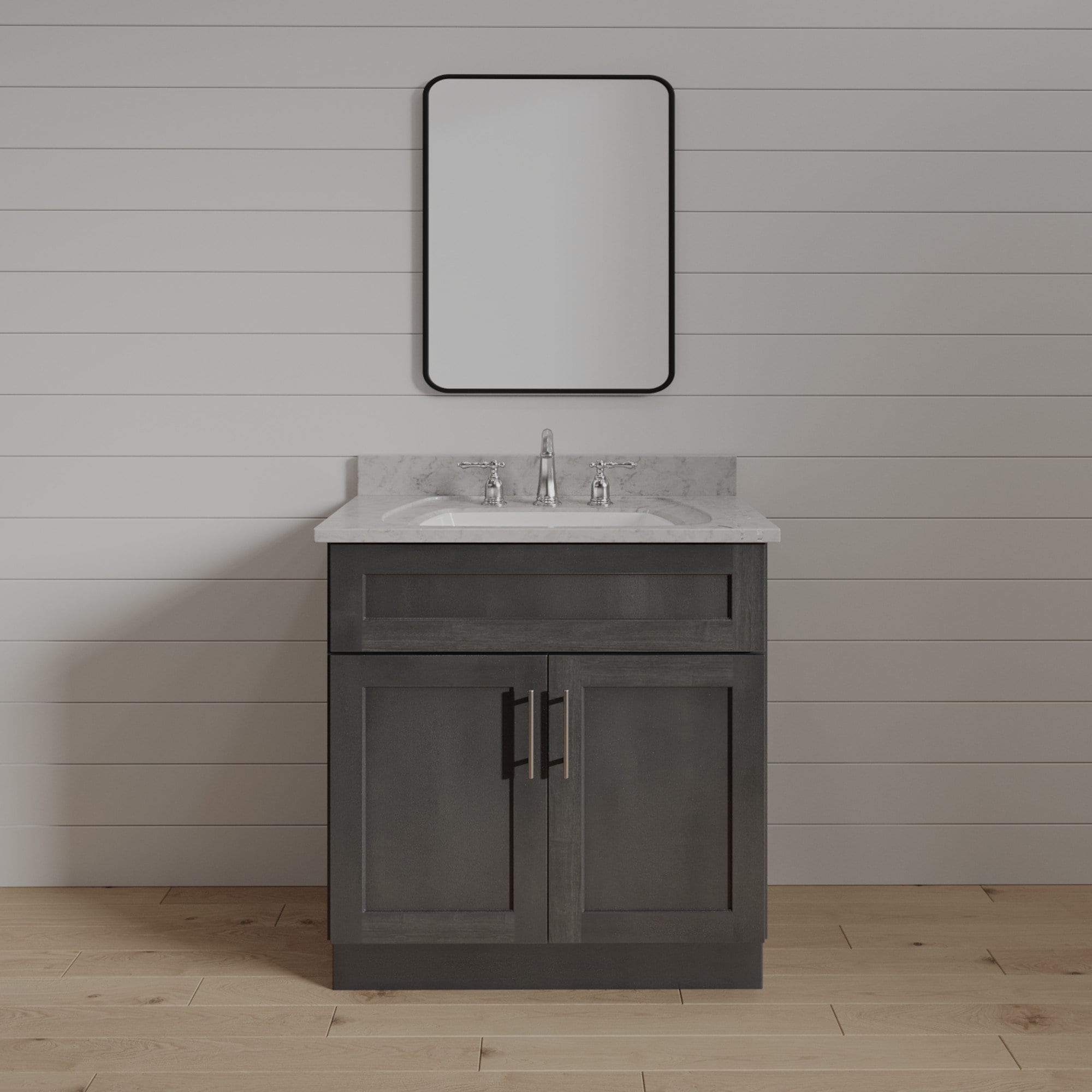 Mueble de baño de 27 pulgadas con lavabo individual y acabado en gris estilo shaker