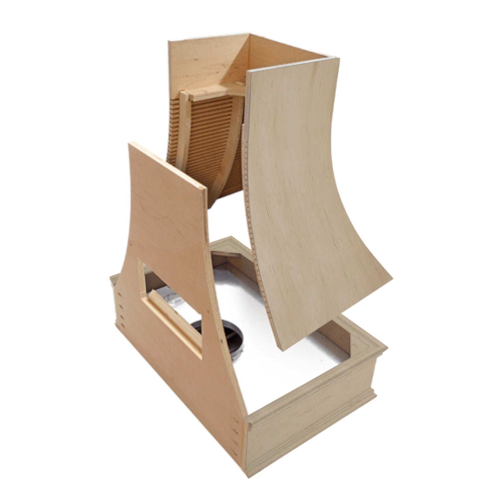 Campana extractora de madera sin terminar con banda de madera recuperada, frente cónico y moldura decorativa: anchos disponibles de 30