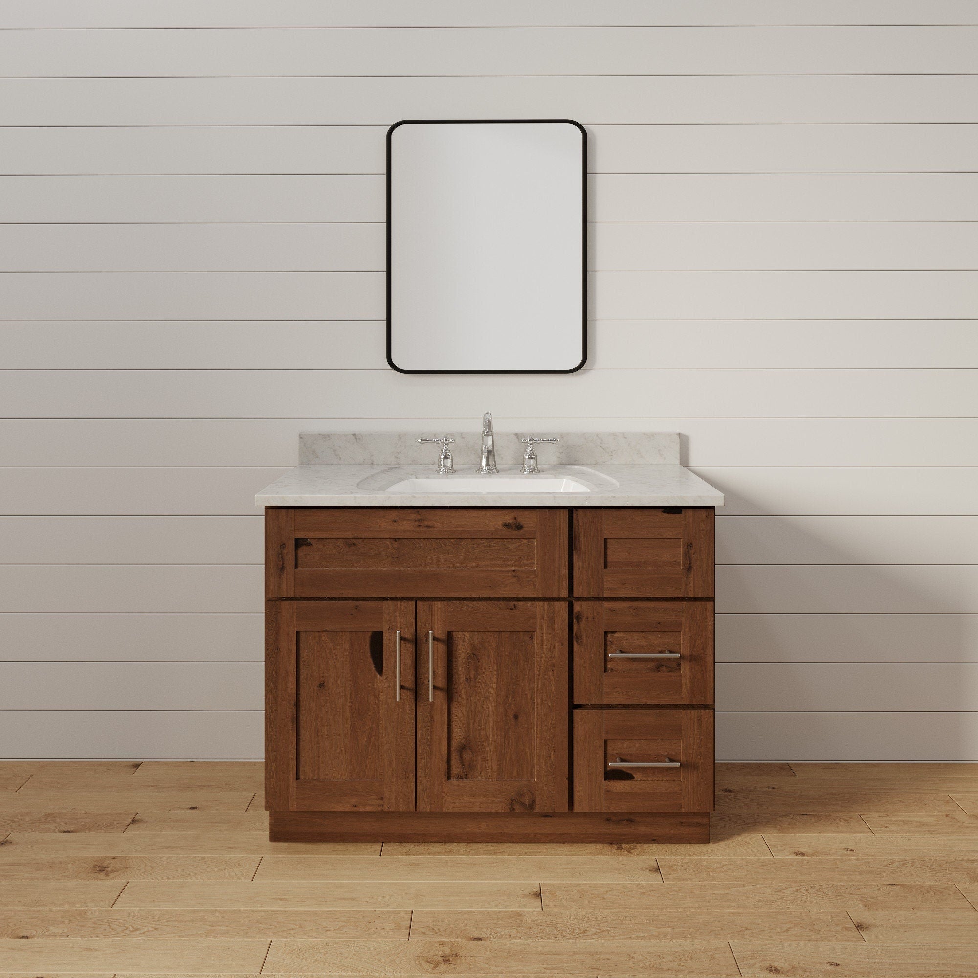 Mueble de baño rústico de 36 pulgadas con lavabo individual y cajones a la derecha