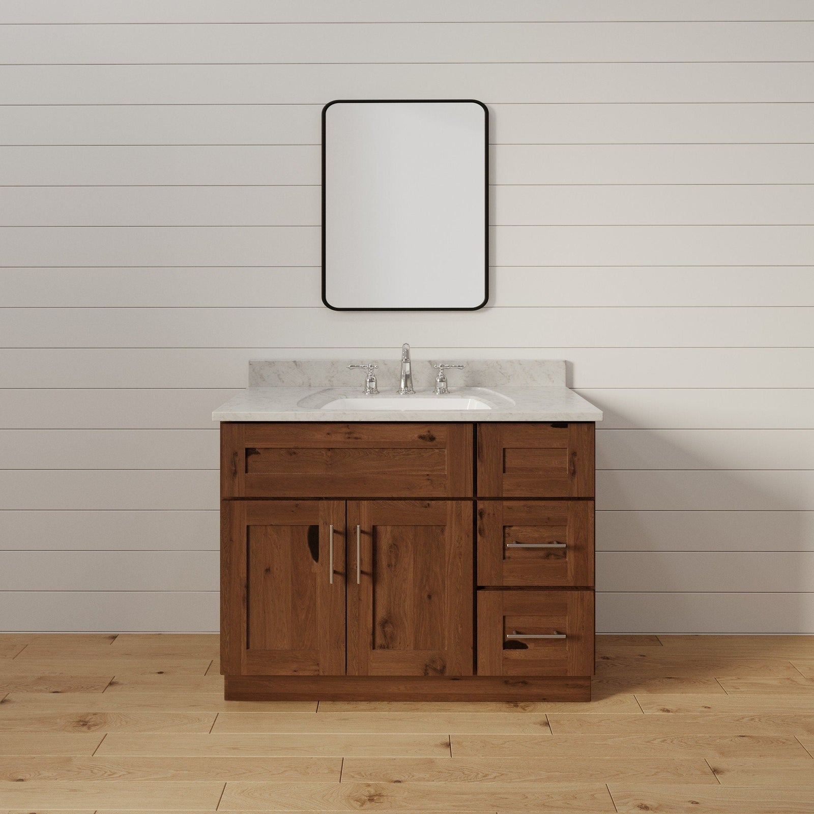 Mueble de baño rústico de 36 pulgadas con lavabo individual y cajones a la derecha