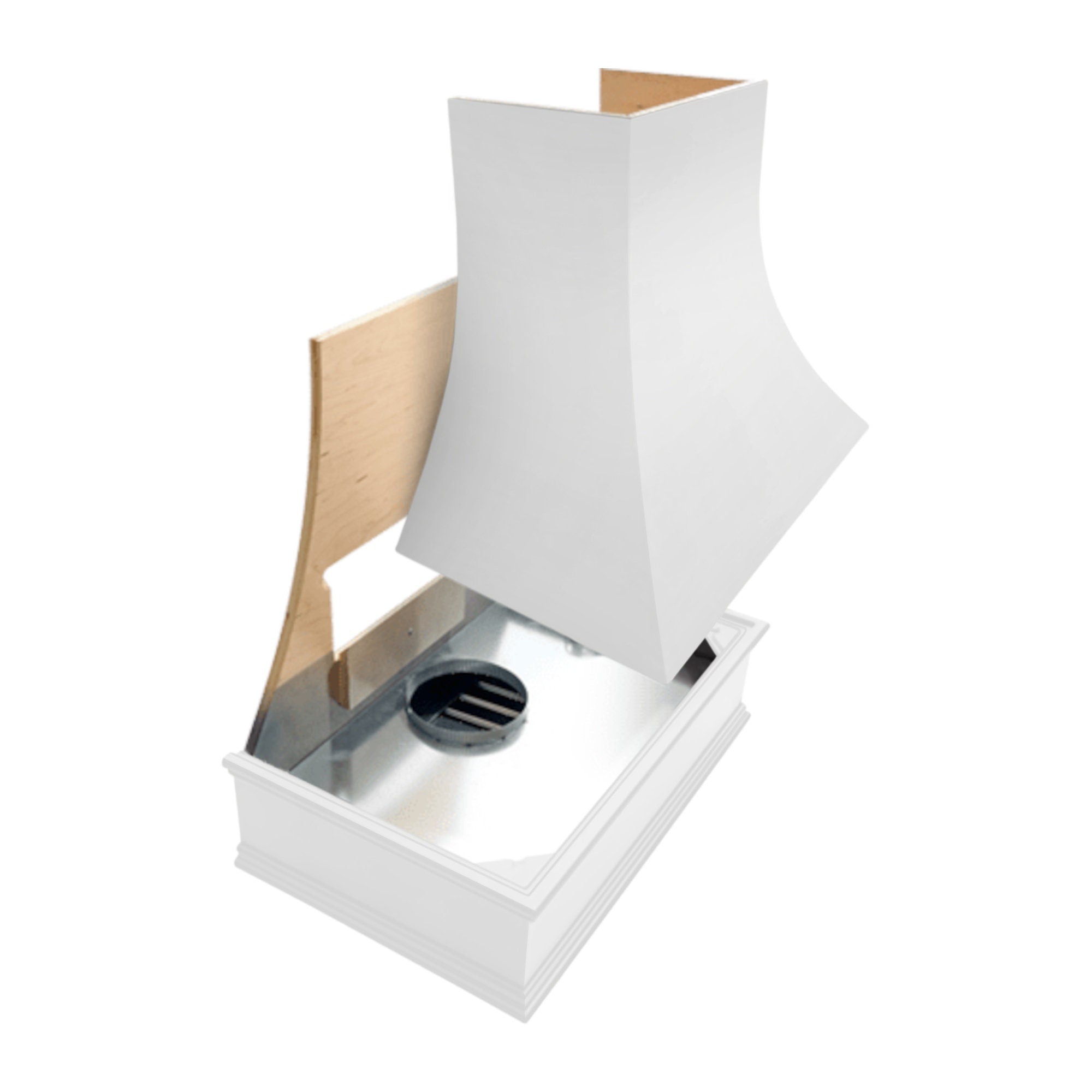 Campana extractora de madera blanca con frente inclinado y borde decorativo: anchos disponibles de 30", 36", 42", 48", 54" y 60"