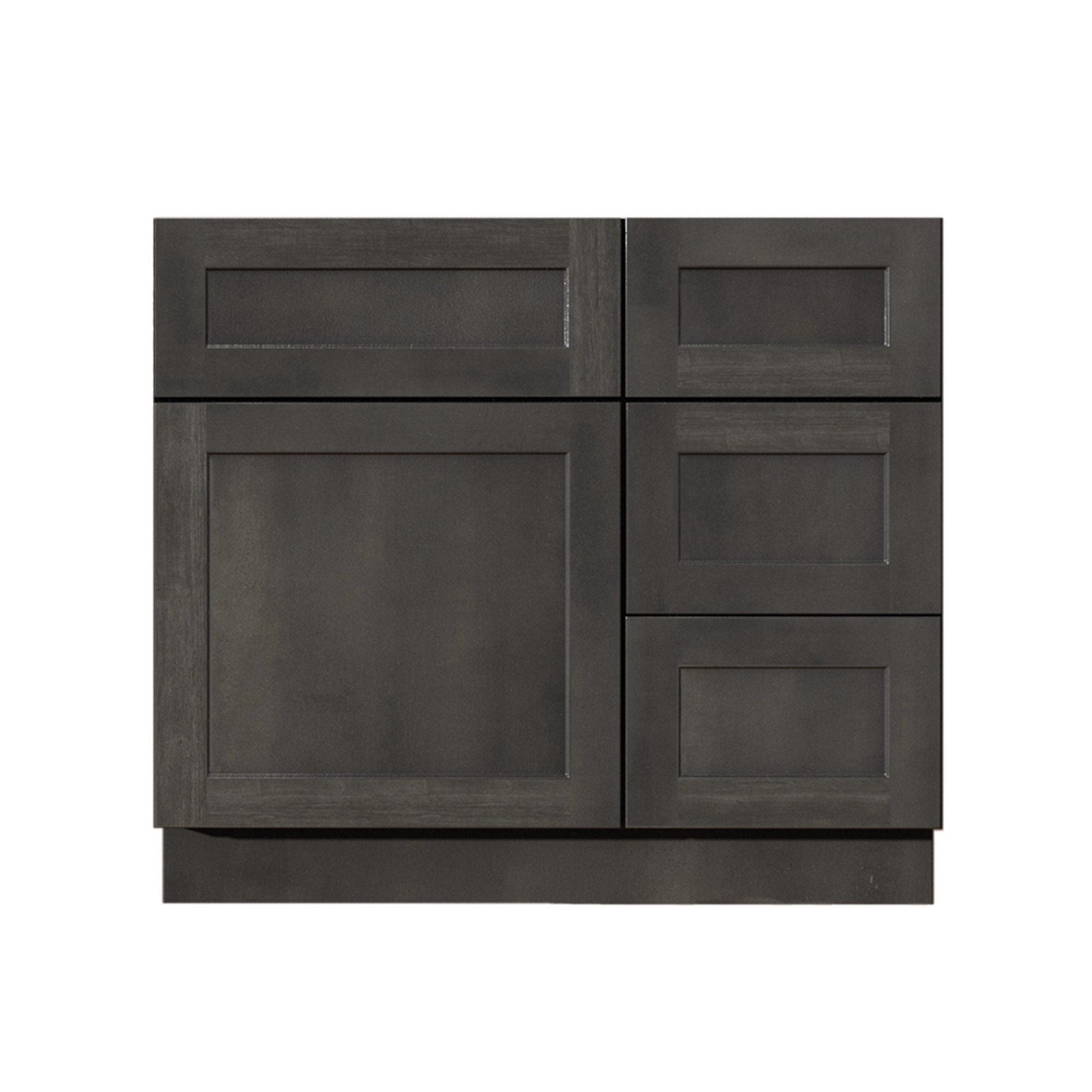 Mueble de baño de 30 pulgadas con lavabo individual y cajones a la derecha, de color gris