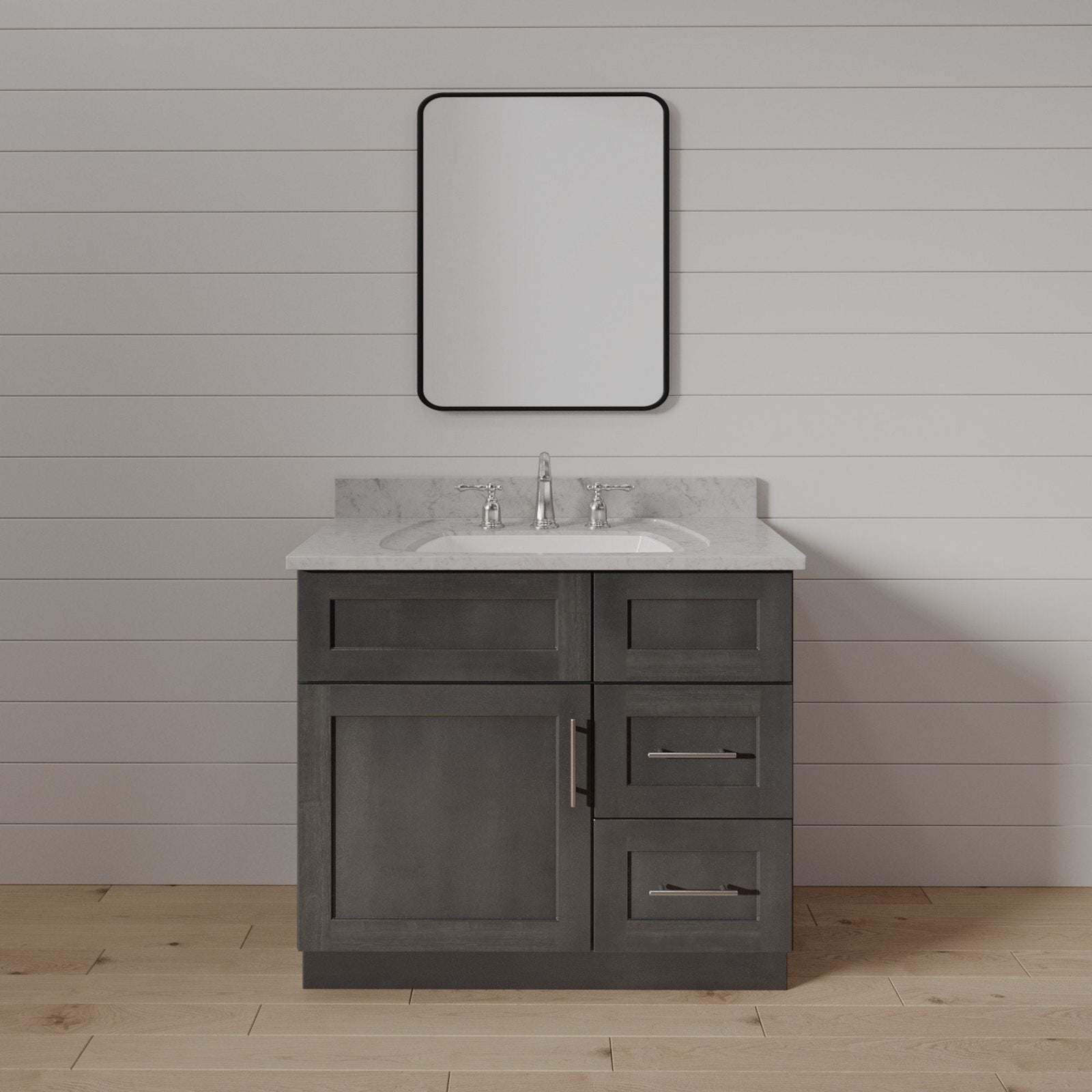 Mueble de baño de 30 pulgadas con lavabo individual y cajones a la derecha, de color gris