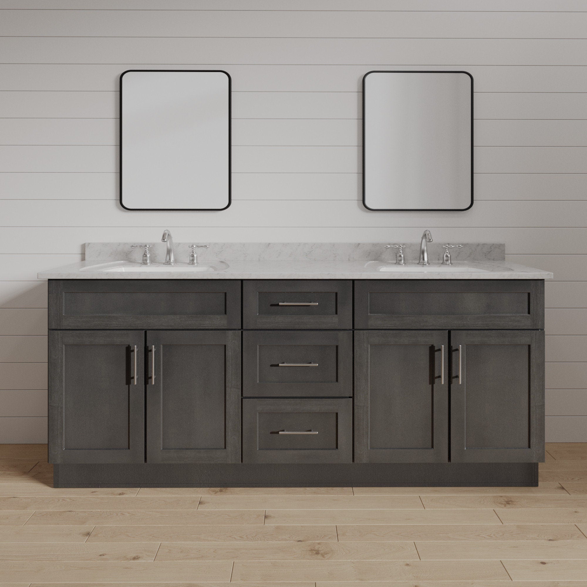 Mueble de baño con dos lavabos y cajones de 72 pulgadas, teñido en gris