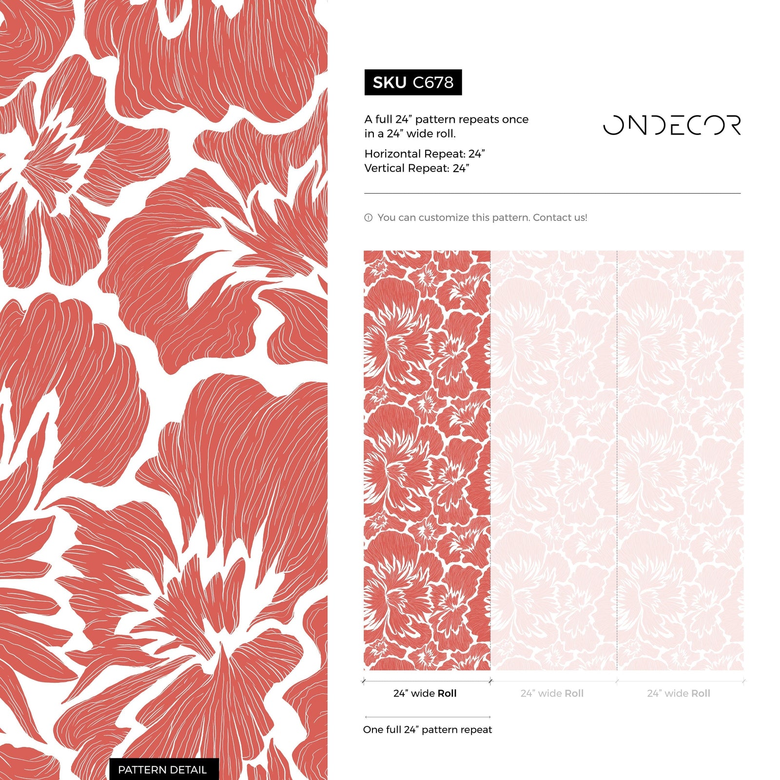 Floral Wallpaper with a Bold Hibiscus Motif in Coral - C678