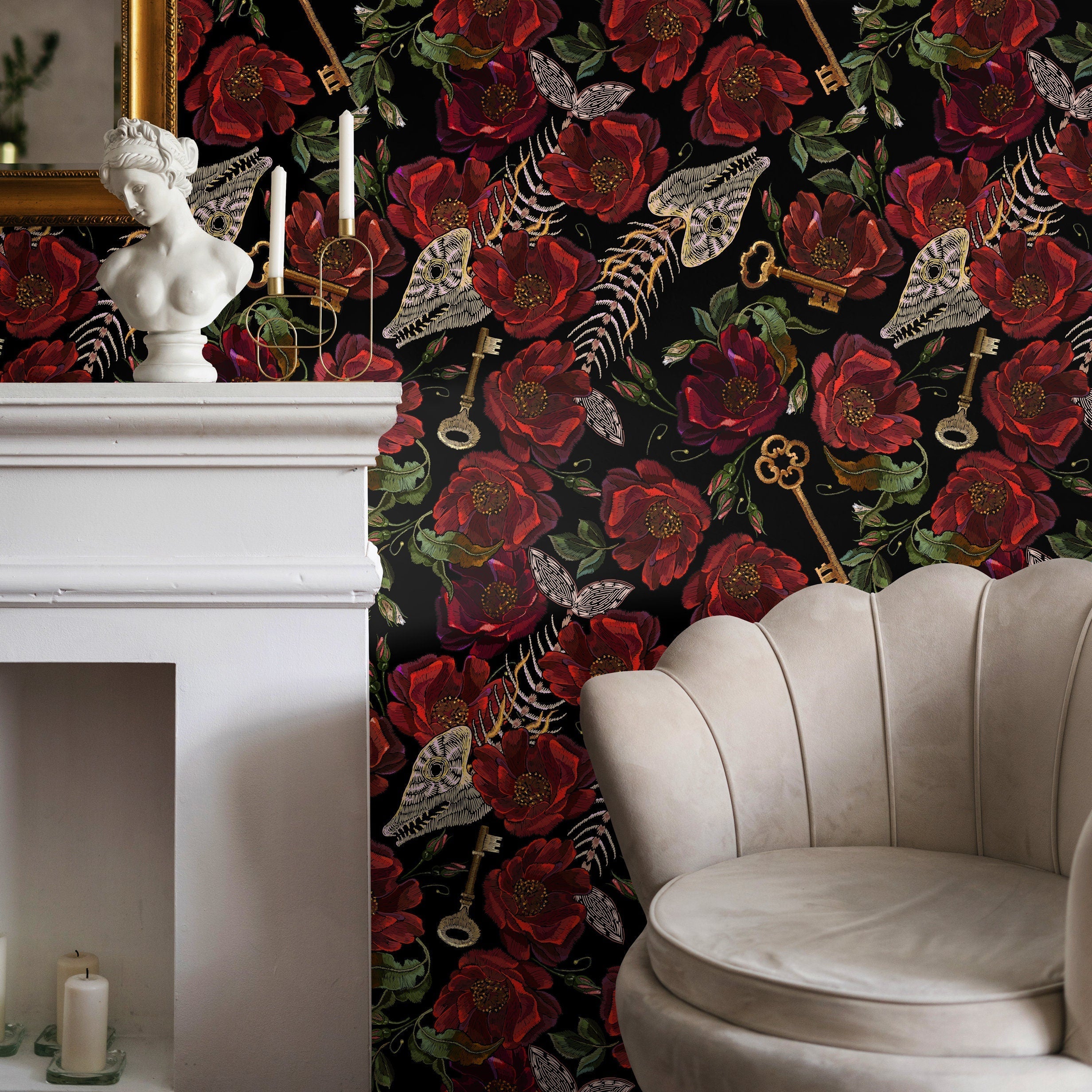Gothic Wallpaper with an Embroidered Motif of Flowers and Keys in Red, Black, and Gold - D918