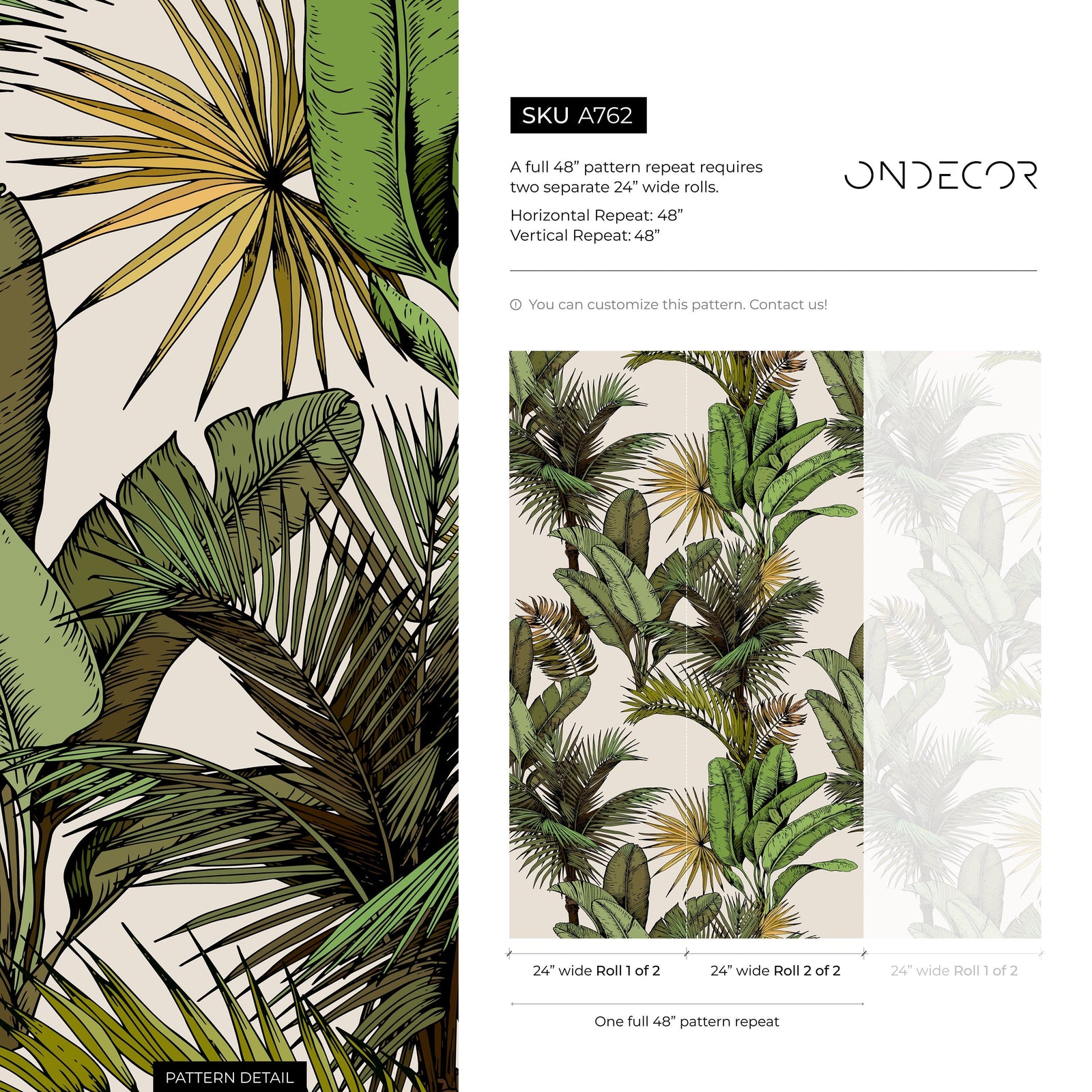 Tropical Wallpaper with Illustrated Jungle Leaves in Green and Yellow - A762