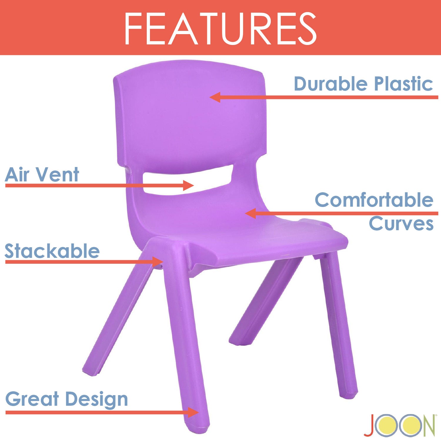 Sillas de aprendizaje apilables de plástico para niños JOON, color morado, 20,5 x 12,75 x 11 pulgadas, paquete de 2 (paquete de 2)