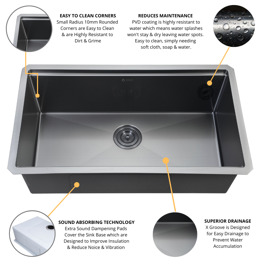 Fregadero de cocina Zeek Workstation de 32" de un solo tazón, color bronce mate, negro, para empotrar bajo encimera, con accesorios, revestimiento PVD Nano Tech ENZO ZW-B329