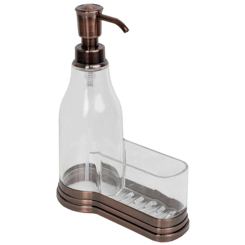 Dispensador de jabón de plástico Home Basics con tapa de acero cepillado y soporte para esponja, color bronce