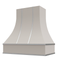 Campana extractora gris claro con frente curvo, flejes plateados y borde en forma de bloque: anchos disponibles de 30", 36", 42", 48", 54" y 60"