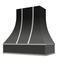 Campana extractora negra con frente curvo, flejes plateados y borde en forma de bloque: anchos disponibles de 30", 36", 42", 48", 54" y 60"