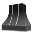 Campana extractora negra con frente curvo, flejes plateados y borde en forma de bloque: anchos disponibles de 30", 36", 42", 48", 54" y 60"