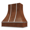 Campana extractora color chocolate con frente curvo, flejes plateados y borde en forma de bloque: anchos disponibles de 30", 36", 42", 48", 54" y 60"