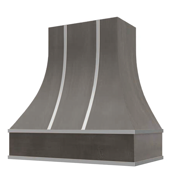 Stained Gray Range Hood With Curved Front, Silver Strapping and Block Trim - 30", 36", 42", 48", 54" and 60" Widths Available
