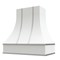 Campana extractora blanca con frente curvo, flejes plateados y borde en forma de bloque: anchos disponibles de 30", 36", 42", 48", 54" y 60"