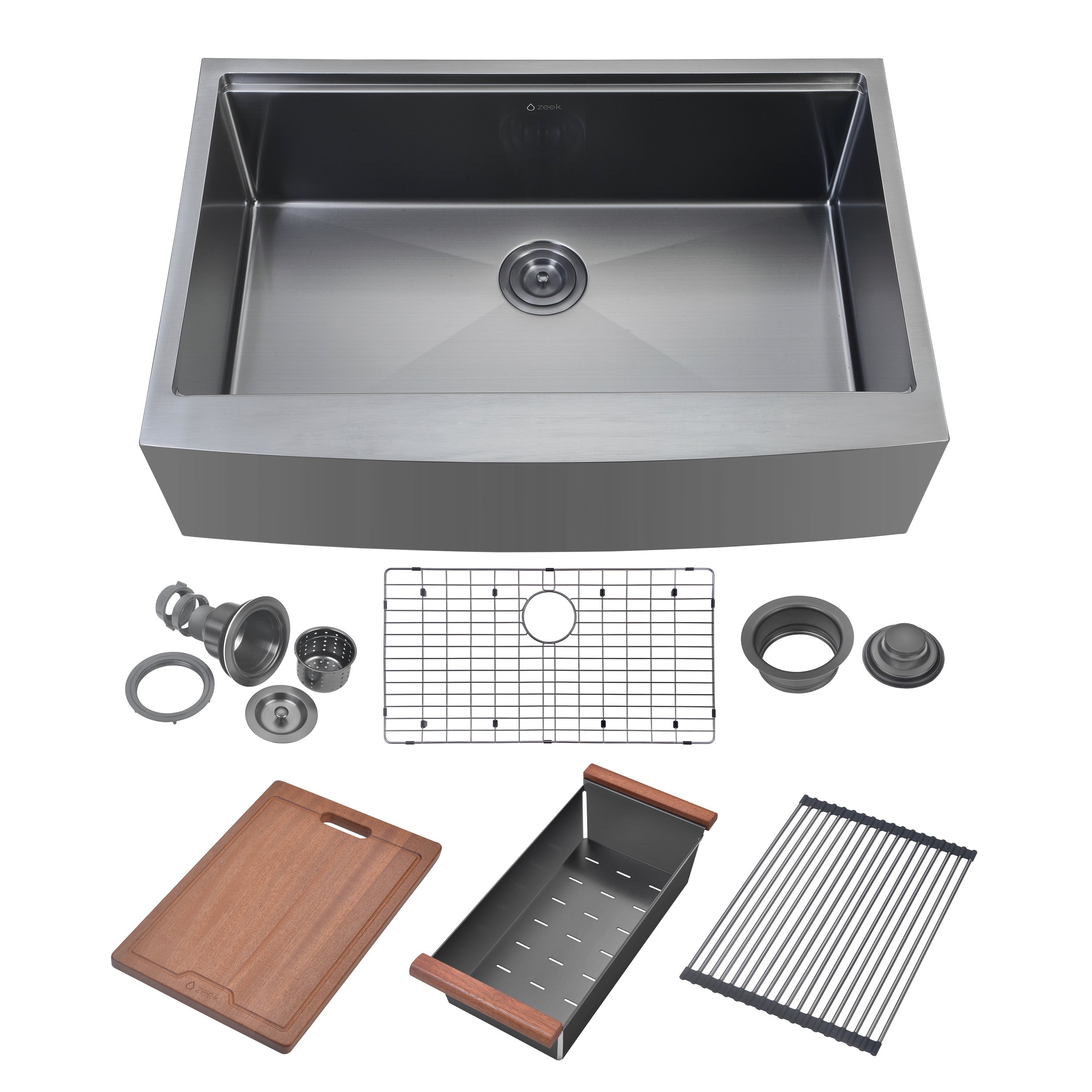 Fregadero de cocina Zeek Farmhouse Workstation de un solo tazón en color bronce mate y negro de 33" con accesorios y revestimiento PVD Nano Tech ENZO ZA-B332
