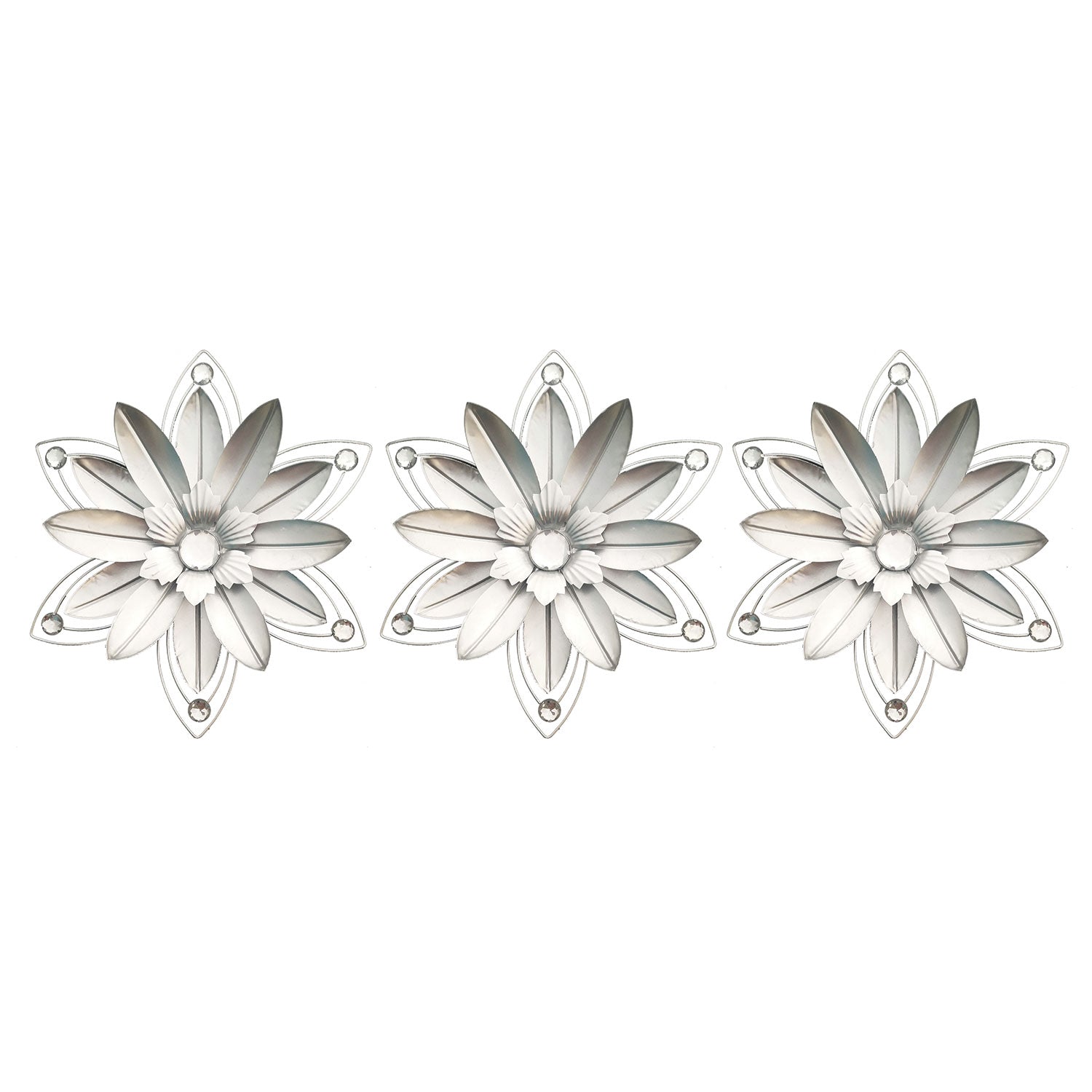 PREMIUS 3 Piece Metal Jeweled Floral Petals Wall Decor, Silver, 12 Inches