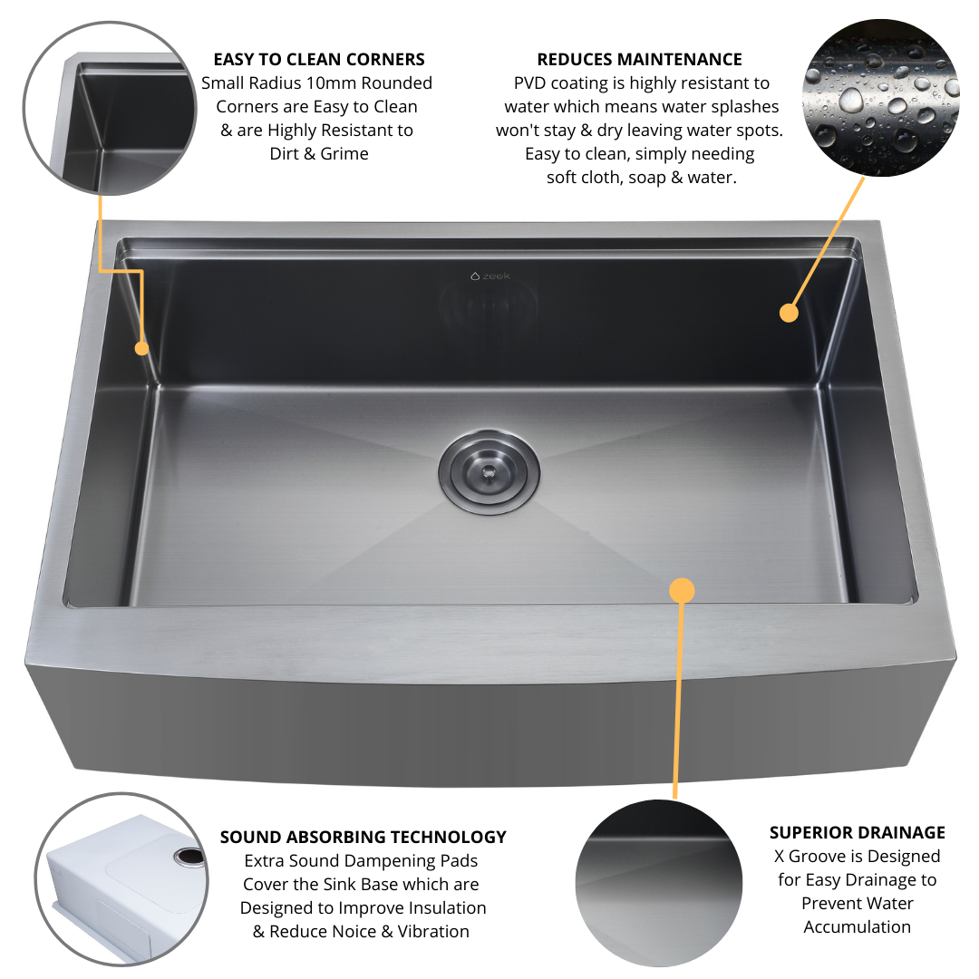 Fregadero de cocina Zeek Farmhouse Workstation de un solo tazón en color bronce mate y negro de 33" con accesorios y revestimiento PVD Nano Tech ENZO ZA-B332