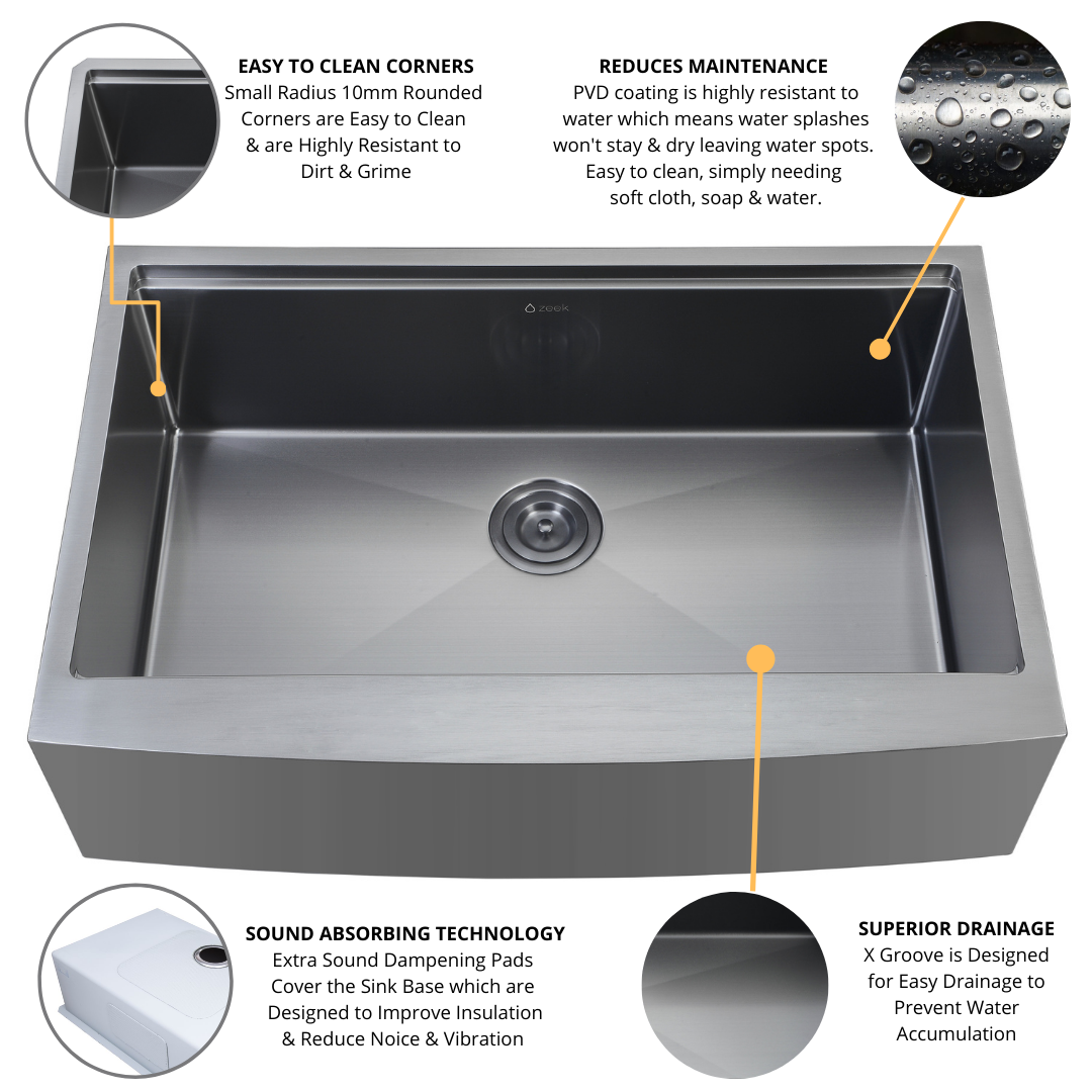 Zeek 33" Farmhouse Workstation Single Bowl Gunmetal Matte Black Kitchen Sink With Accessories PVD Nano Tech Coating ENZO ZA-B332