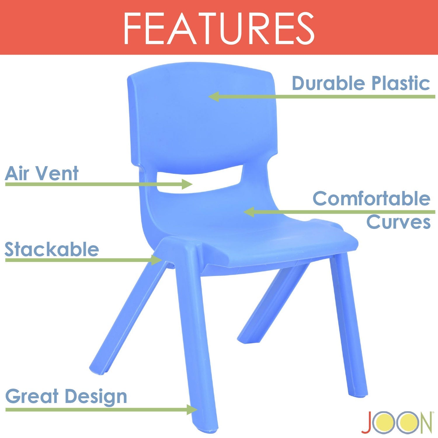 Sillas de aprendizaje apilables de plástico para niños JOON, azul, 20,5 x 12,75 x 11 pulgadas, paquete de 2 (paquete de 2)