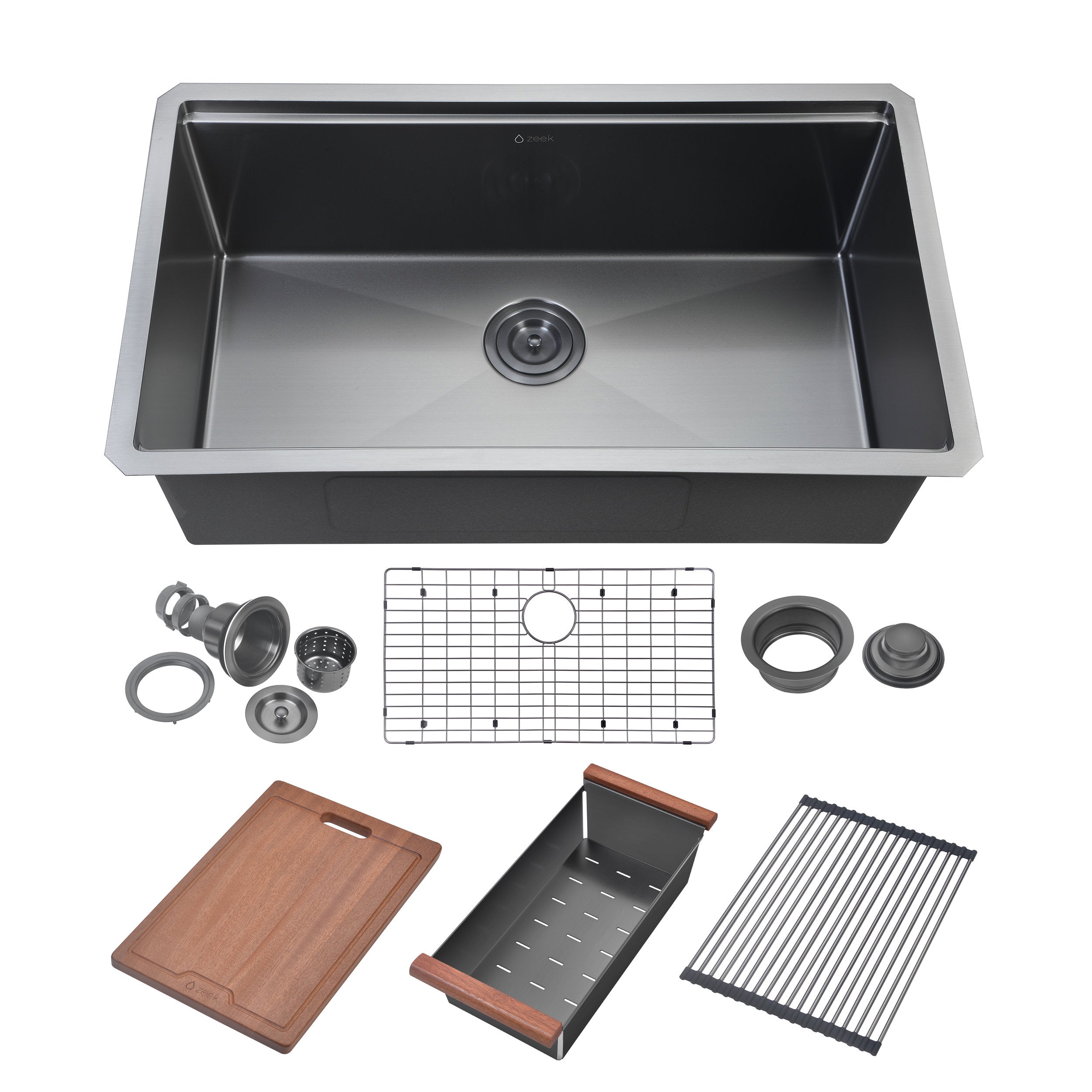 Fregadero de cocina Zeek Workstation de 32" de un solo tazón, color bronce mate, negro, para empotrar bajo encimera, con accesorios, revestimiento PVD Nano Tech ENZO ZW-B329