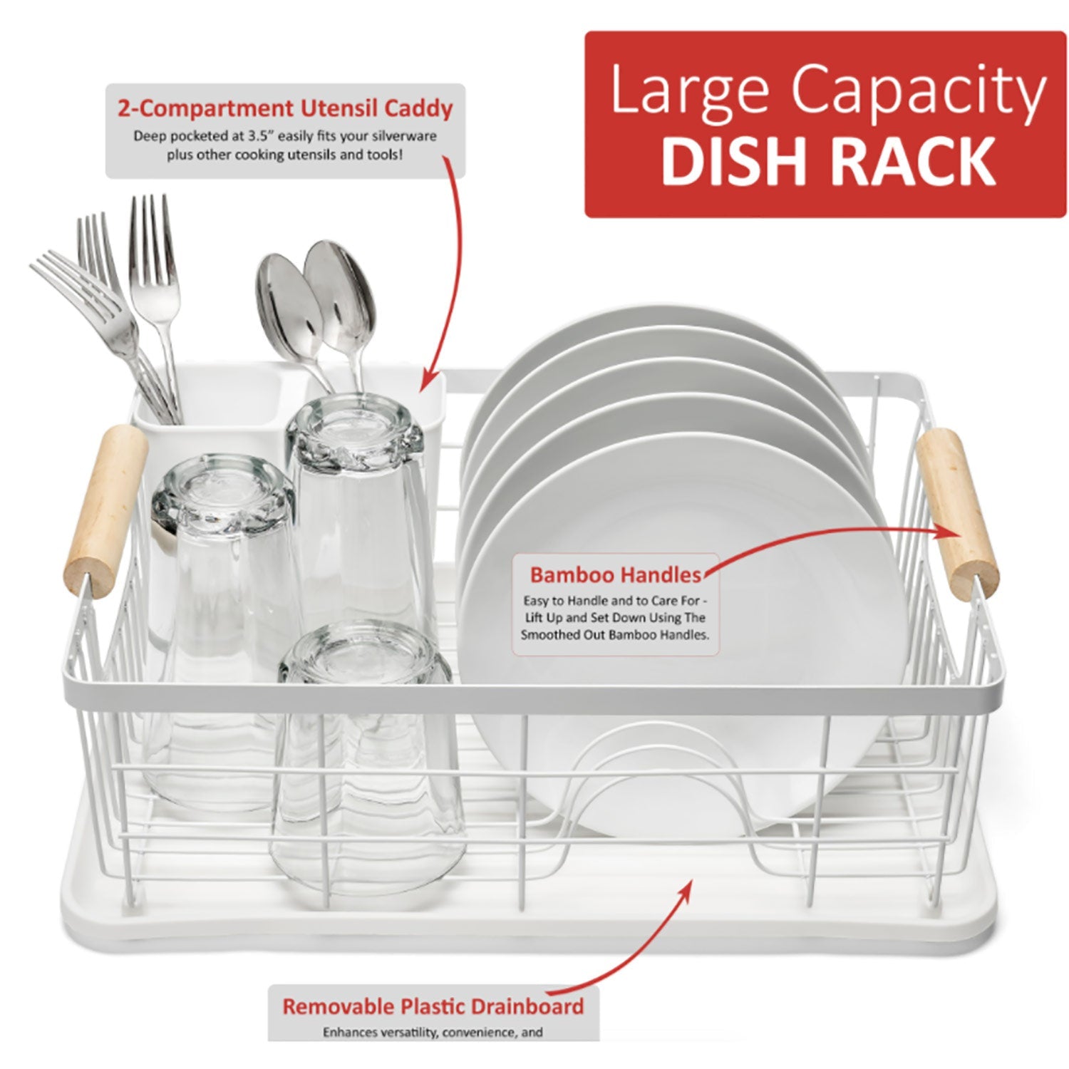 Premius 3 Piece Dish Rack With Bamboo Handles, White, 16.9x12.6x4.3 Inches
