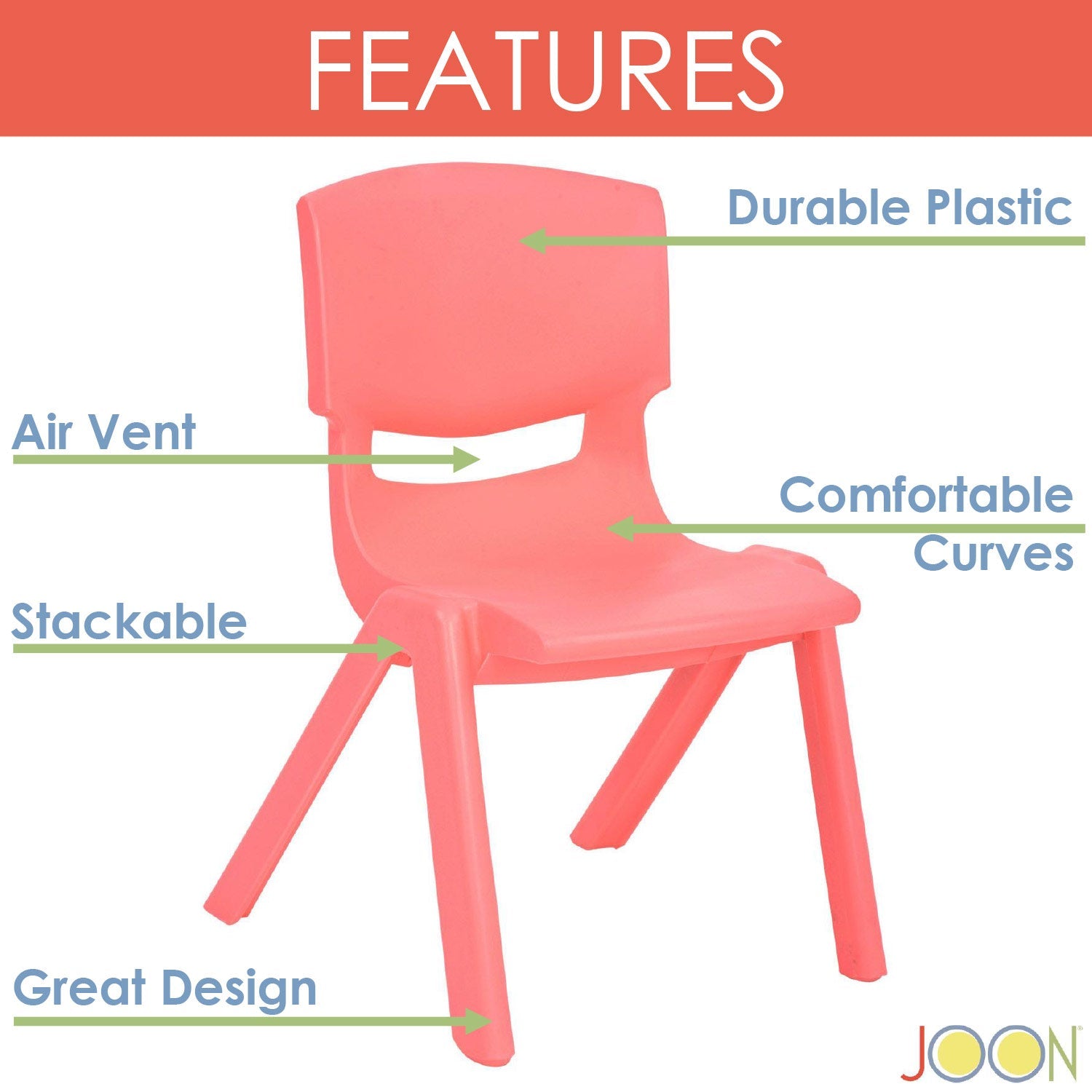 Sillas de aprendizaje apilables de plástico para niños JOON, coral, 20,5 x 12,75 x 11 pulgadas, paquete de 2 (paquete de 2)