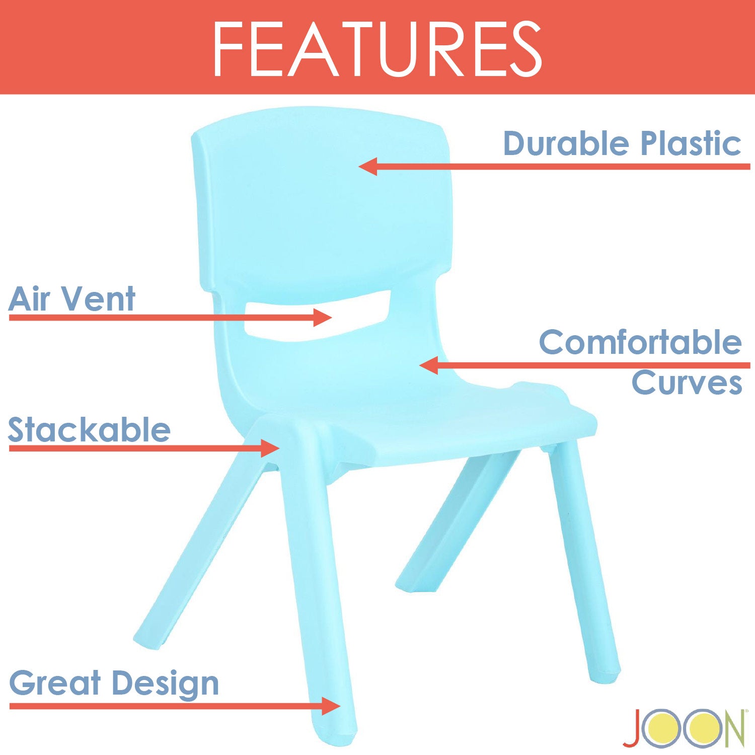 Sillas de aprendizaje apilables de plástico para niños JOON, azul bebé, 20,5 x 12,75 x 11 pulgadas, paquete de 2 (paquete de 2)