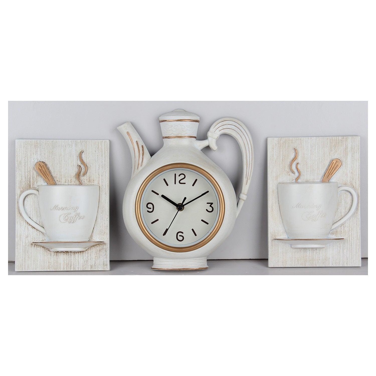 PREMIUS 3 Piece Coffee Wall Clock with Mugs Accent, White, 9x11 Inches
