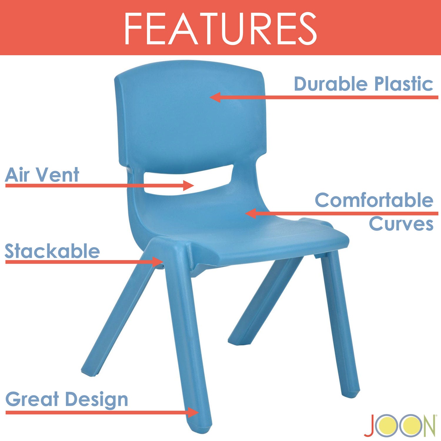 Sillas de aprendizaje apilables de plástico para niños JOON, azul cielo, 20,5 x 12,75 x 11 pulgadas, paquete de 2 (paquete de 2)