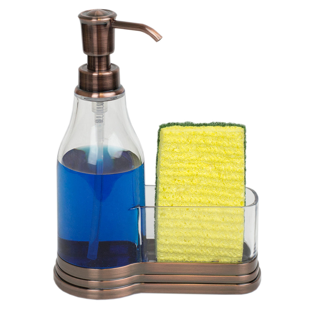 Dispensador de jabón de plástico Home Basics con tapa de acero cepillado y soporte para esponja, color bronce