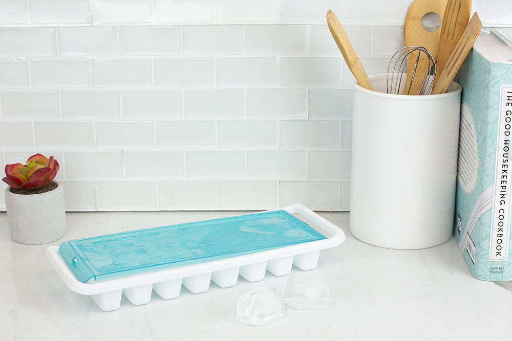Home Basics 16 Compartment Square Plastic Stackable Ice Cube Tray with Snap-on Cover, Blue