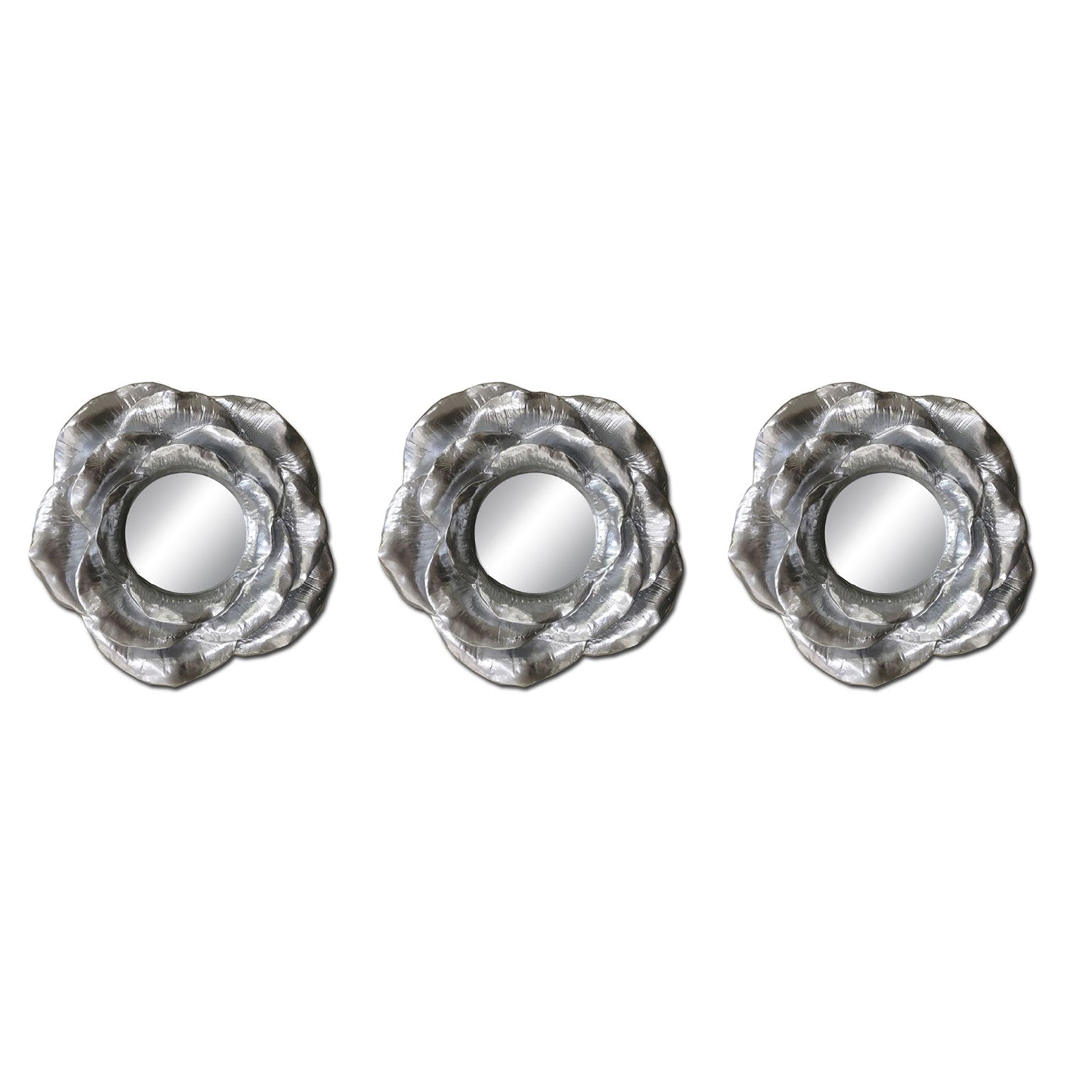 PREMIUS 3 Piece Metallic Resin Floral Mirror Set, Silver, 8 Inches