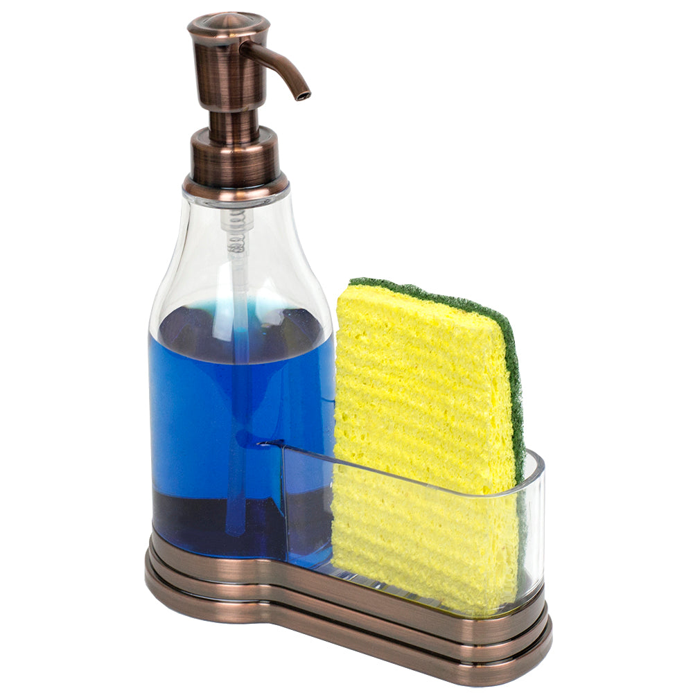 Dispensador de jabón de plástico Home Basics con tapa de acero cepillado y soporte para esponja, color bronce