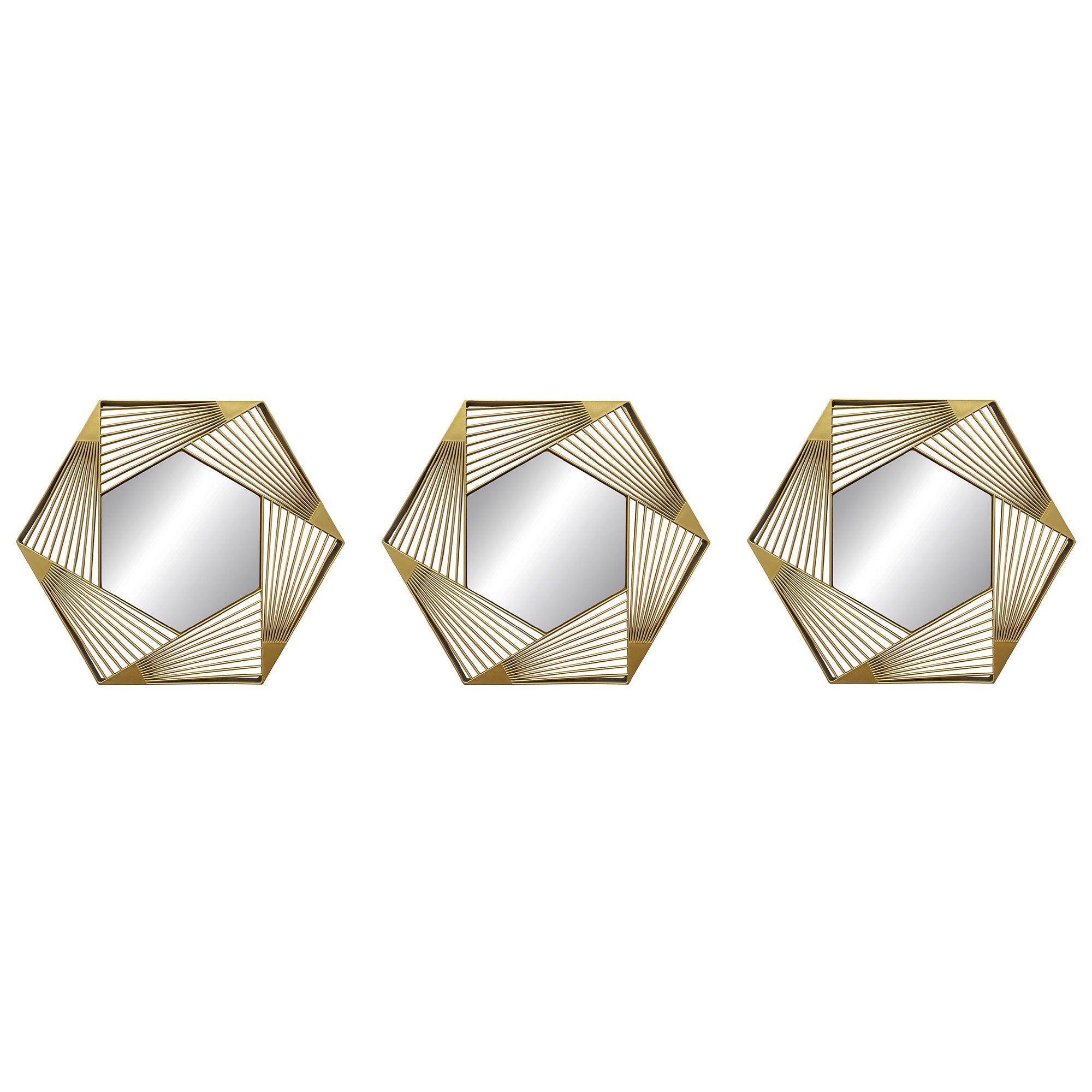 PREMIUS 3 Piece Plastic Mesh Hexagon Wall Decor Mirror Set, Gold, 10 Inches