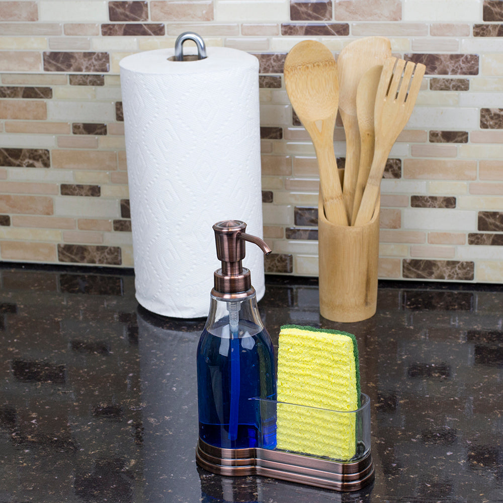 Dispensador de jabón de plástico Home Basics con tapa de acero cepillado y soporte para esponja, color bronce