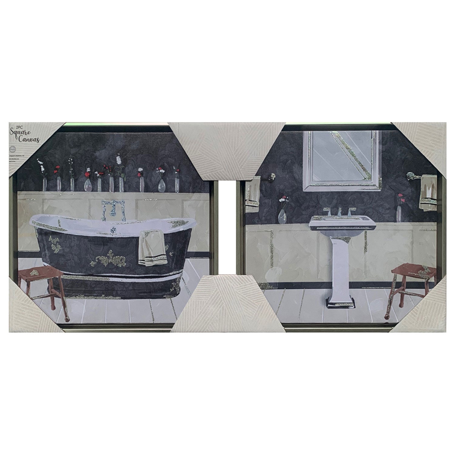 Premius 2 Piece Bathroom Scene Framed Canvas Wall Art Set, Black, 12x12 Inches