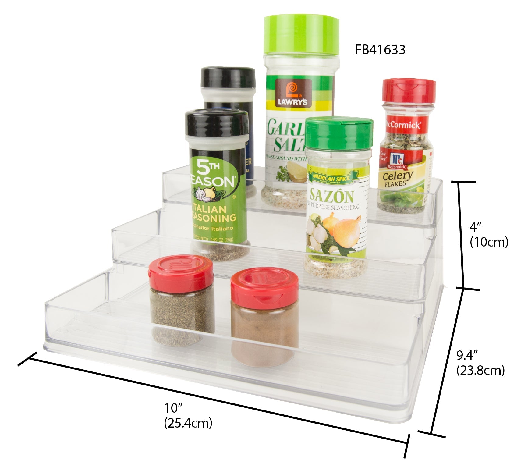 Estante para especias de plástico de 3 niveles Home Basics, transparente, 10 x 9,4 x 4 pulgadas